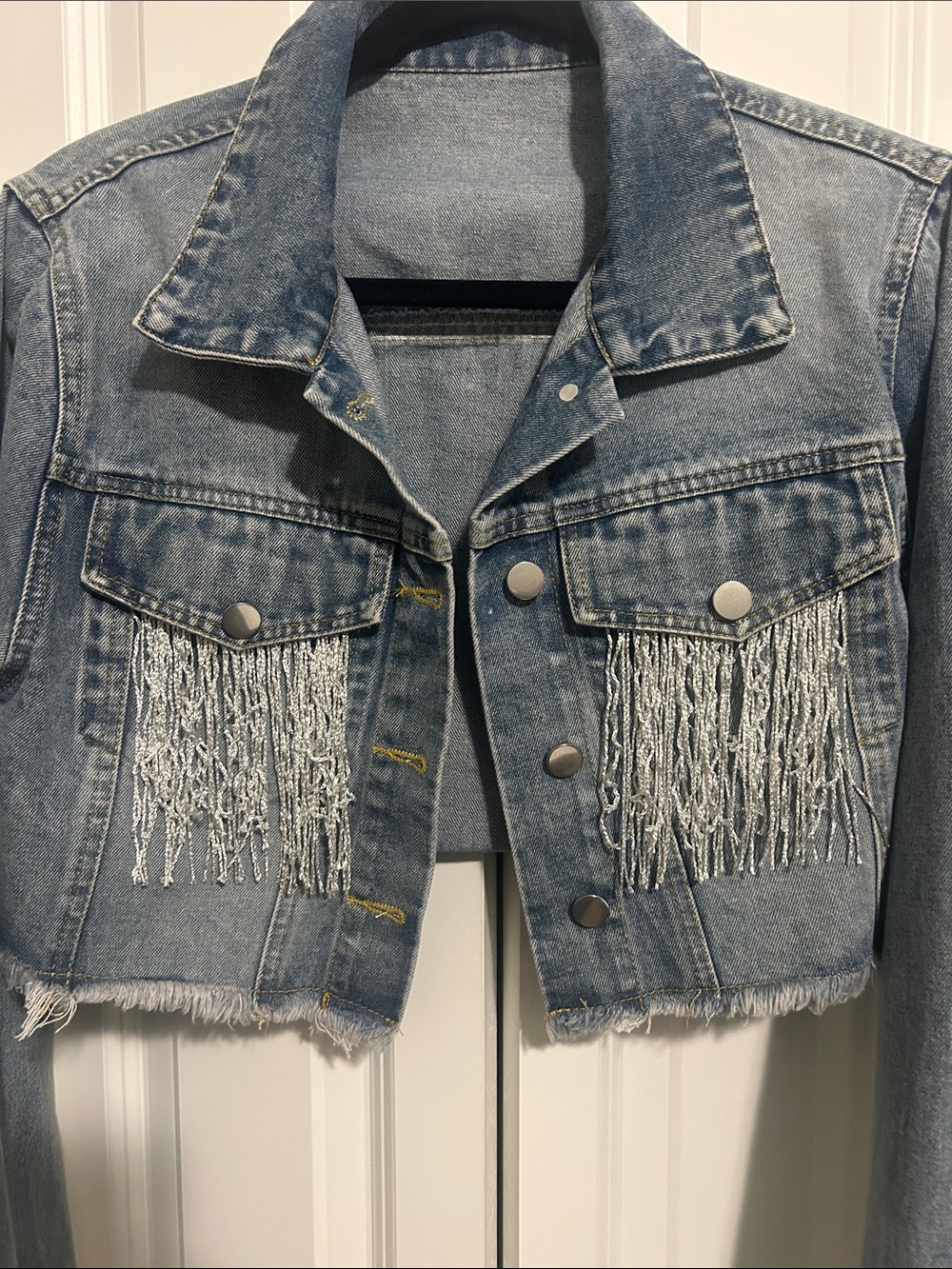 Fringed Cropped Denim Jacket - Light Blue